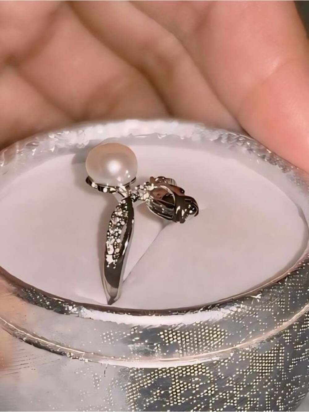 925 Sterling Silver Freshwater Pearl Adjustable Ring | CZ Leaf & Vine Design
